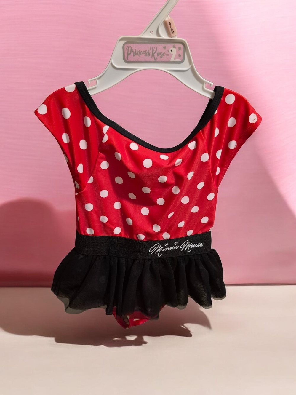 Disney Red and White Polka Dot Minnie Mouse One-Piece with Black Tulle Skirt